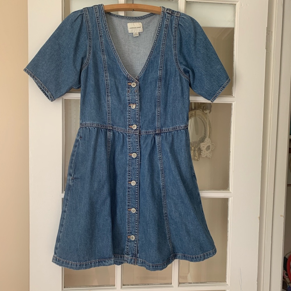 American Eagle Outfitters Blue Puff Sleeve Denim Dress
